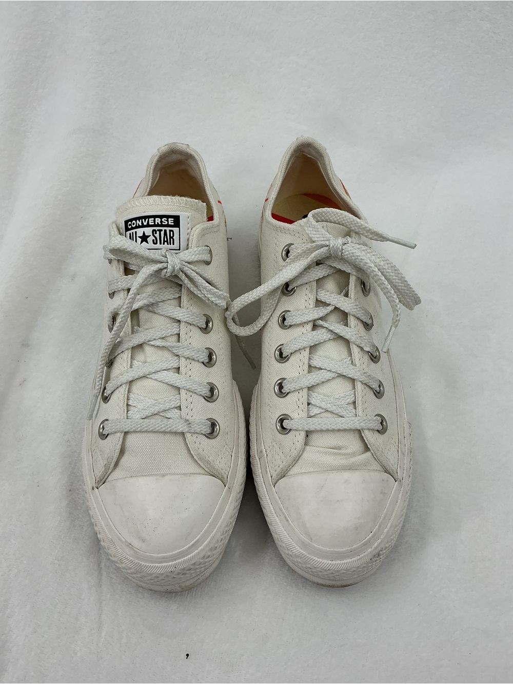 Converse Low Top Canvas Sneakers - Off-White with Red Accent B32